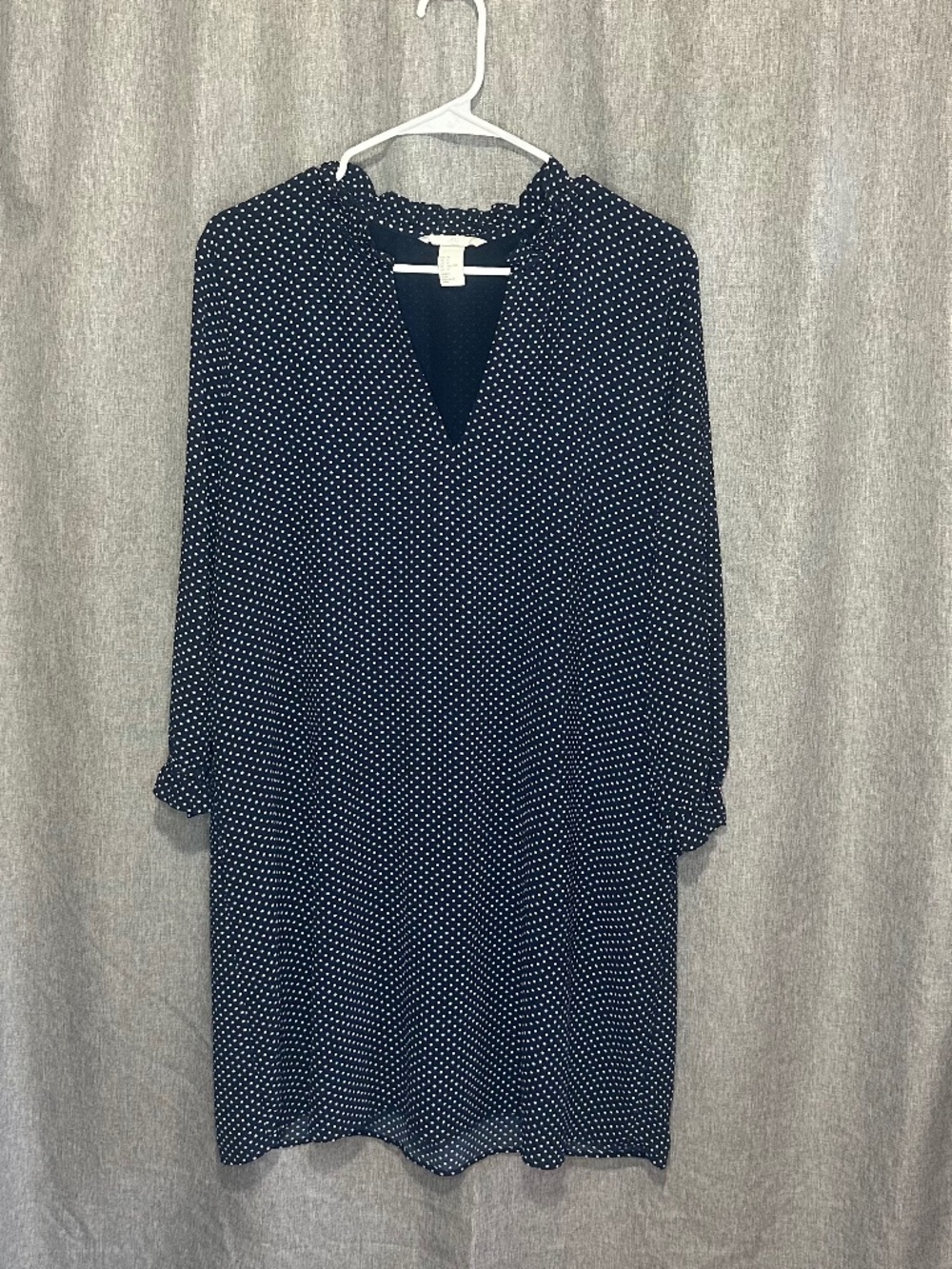 H&M Navy Blue Polka Dot Long Sleeve Shift Dress Ruffle Neck Size 14